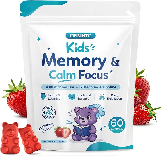 Kids Focus & Memory Gummies with Magnesium Glycinate, Phosphatidylserine & Choline - Support Brain, Attention & Focus for Kids, Learning & Cognitive Development Sugar Free Strawberry 60 Gummies