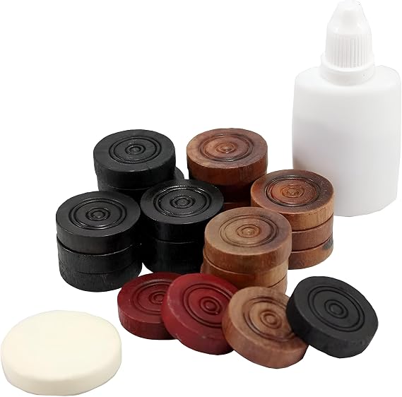 Carrom Board Accessory Kit - 24 Wooden Coins (6mm), Striker and Gliding Powder, Complete Replacement Set for Carrom Boards