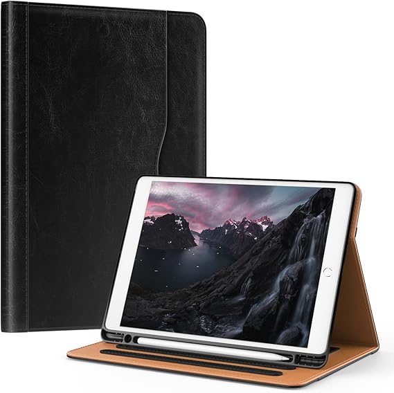 OKP Leather Case for iPad 10.2 Inch 9th/8th/7th Generation 2021/2020/2019 | with Multi-Angle Viewing PU Leather Folio Stand Cover with Pencil Holder & Pocket, Auto Sleep/Wake, Black