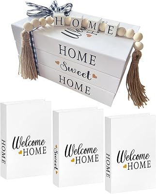 3 Pcs White Decorative Books Home Sweet Home with Wood Bead Garland & Twine Ribbon, Fake Books for Decoration Stack Centerpiece for Coffee Table, Farmhouse Living Room Shelf Decor