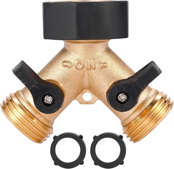 Garden Hose Splitter 2 Way Heavy Duty, Y Connector Brass Garden Hose Adapter, Hose Bib Splitter with 2 Extra Rubber Washers