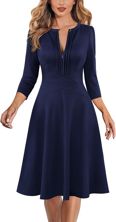 VFSHOW Womens Work Office Business Church Slim A-Line Dresses Front Zipper V Neck Elegant Cocktail Party Fit and Flare Dress
