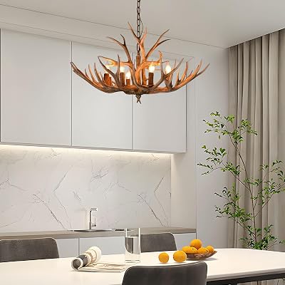 Rustic Resin Antler Chandelier,6-Lights E12 Ceiling Deer Antler Fixture, Adjustable Chain,for Living Room,Bedroom,Kitchen,Brown