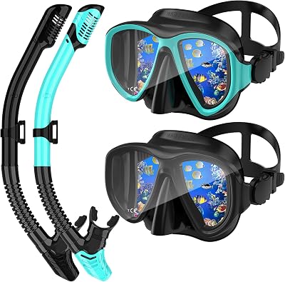 Snorkeling Gear for Adults, Dry Top Snorkel Mask Set 2 Pack Scuba Diving Mask Snorkel Gear Anti Fog Snorkeling Packages Tempered Glass Panoramic View Nose Cover