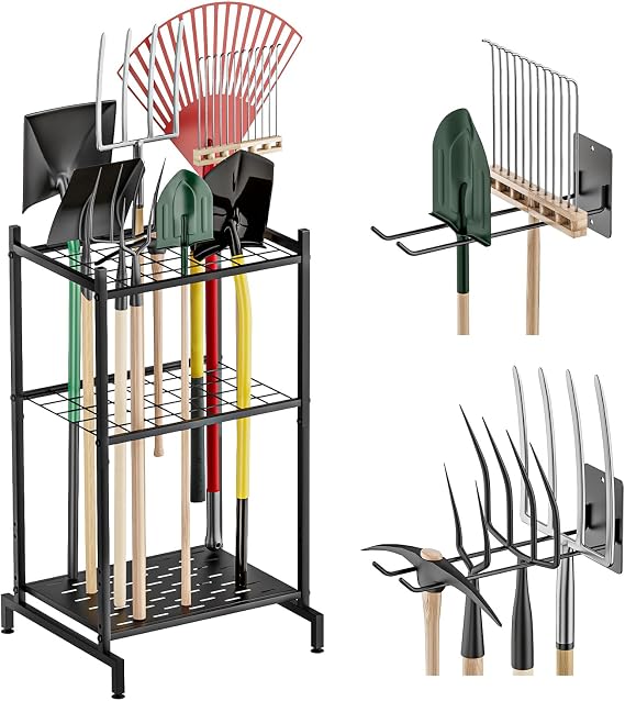 Garden Tool Organizer with 2 Pack Wall Mounted Racks, Holds 35+ Long-Handled Tools, Heavy Duty Metal Yard Tool Storage Stand for Garage, Shed & Outdoor Organization, Black