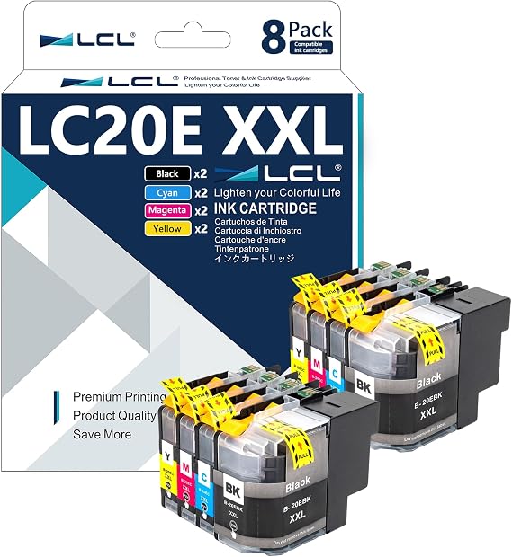 LCL LC20E 8PK Super High Yield XXL Ink Replacement for Brother LC20E LC20EXXL Ink Cartridges Work with MFC-J5920DW MFC-J985DW MFC-J775DW Printer (2Black 2Cyan 2Magenta 2Yellow)