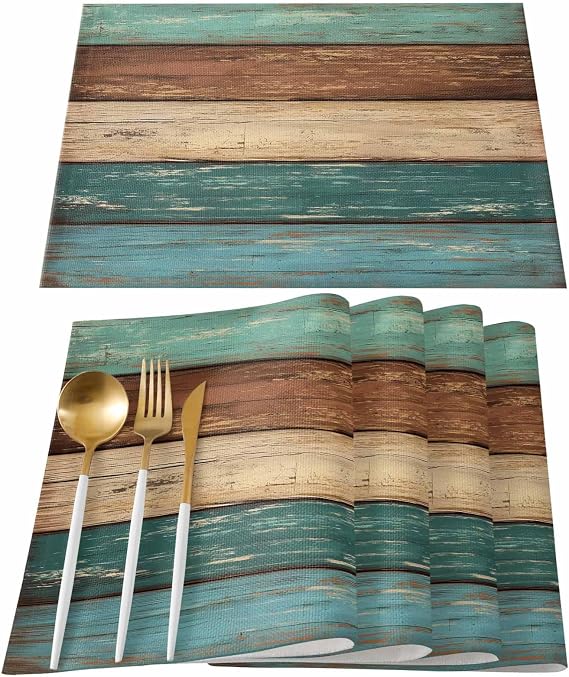 St. Patrick's Day Placemats Set of 4, Teal Green Brown Retro Rustic Wood Texture Cotton Line Heat Resistant Table Mats Washable Non-Slip Mats Decor For Kitchen Dining Spring Holiday Party(18x12 inch)