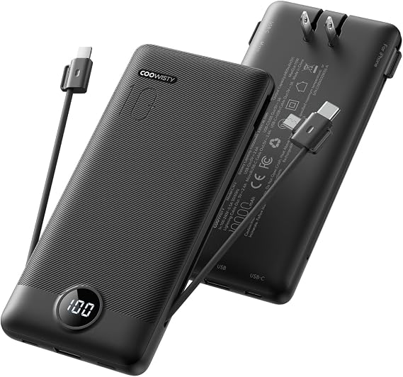 Portable Charger with Wall Plug, Slim USB C Power Bank with Built-in Cables, 10000mah LED Display External Battery Pack Compatible with iPhone/Android & More (Black)