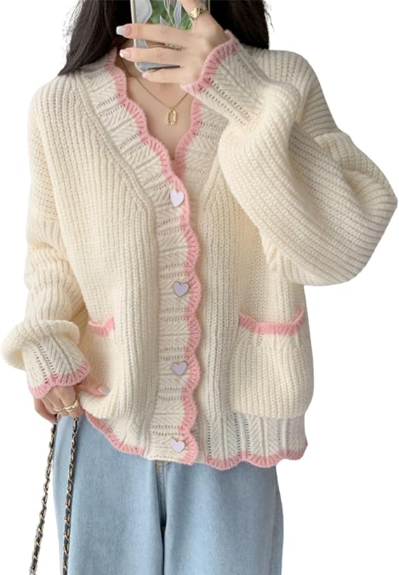 FindThy Womens Cute Cardigan Sweater Kawaii V-Neck Long Sleeve Heart Button Color-Blocked Knit Outerwear
