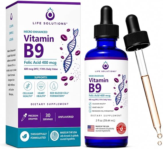 Life Solutions Vitamin B9 Liquid Drops, Folic Acid 400 mcg, 2 fl oz | 400 mcg folic acid per serving in convenient liquid drops with a precision dropper for easy daily use.