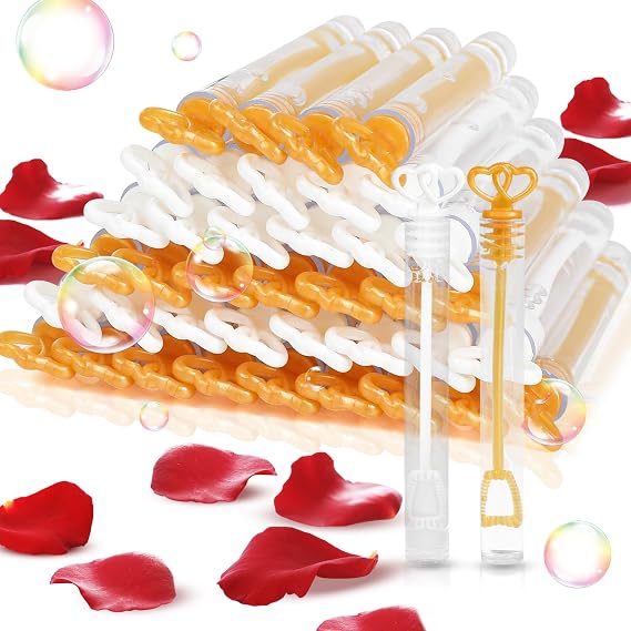 DERAYEE 40PCS Wedding Bubble Wands Bulk, Mini Heart Bubbles Party Favor White Gold Bubble Sticks for Valentine's Day, Weddings Send Off, Anniversaries, Goodie Bag Fillers for Couple Guest