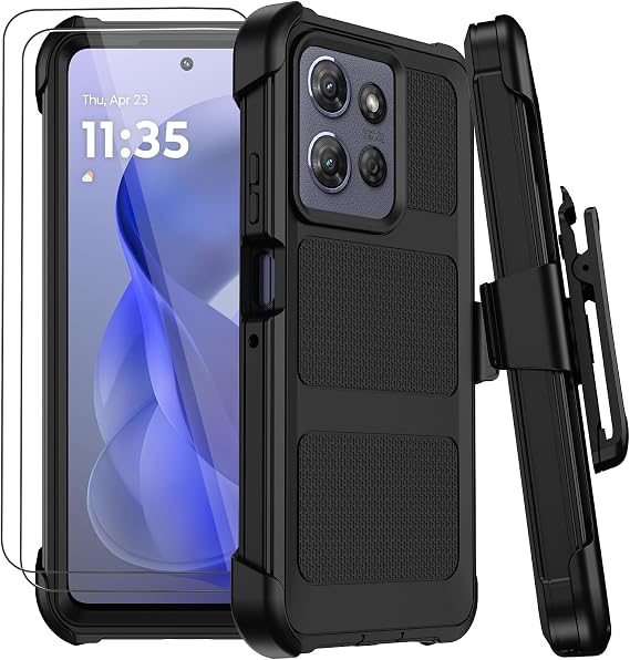 Moto G Power 5G 2026/2025 ケース、ベルトクリップホルスター付き、ミリタリーグレードの落下防止耐衝撃ディフェンダーフォンケース2倍スクリーンプロテクター、2層頑丈な高耐久保護バンパーカバーブラック