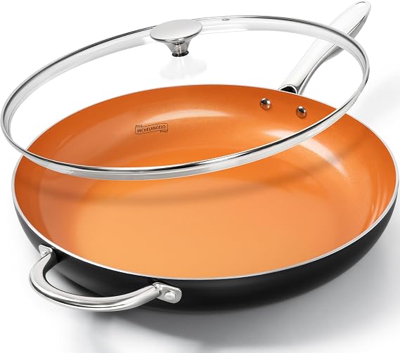 MICHELANGELO Large Frying Pan with Lid, 14 Inch Ceramic Skillet with Nonstick Coating, Healthy Non Stick Fry Pan, Induction Compatible