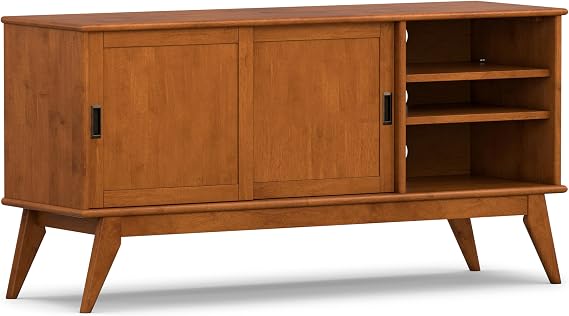SIMPLIHOME Draper 60" Wide Solid Wood TV Stand in Teak Brown