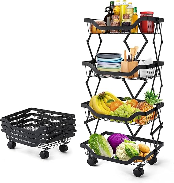 asunflower Baskets Rack Kitchen Pantry Storage Organizer Cart No Assembly Need 4 Tier Foldable Utility Metal Cart Collapsing Fruit Vegetable Baskets Cart with Wheels