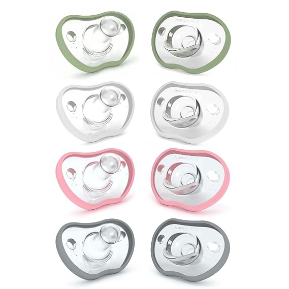 Nanobebe Baby Pacifiers 0-3 Month - Orthodontic, Curves Comfortably with Face Contour, Award Winning for Breastfeeding Babies, 100% Silicone, Baby Registry Gift 8pk, Pink/Grey/Sage/White