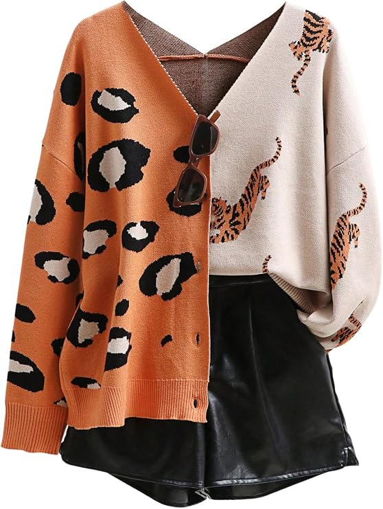 WDIRARA Women's Leopard Tiger Print Cardigan V Neck Long Sleeve Sweater