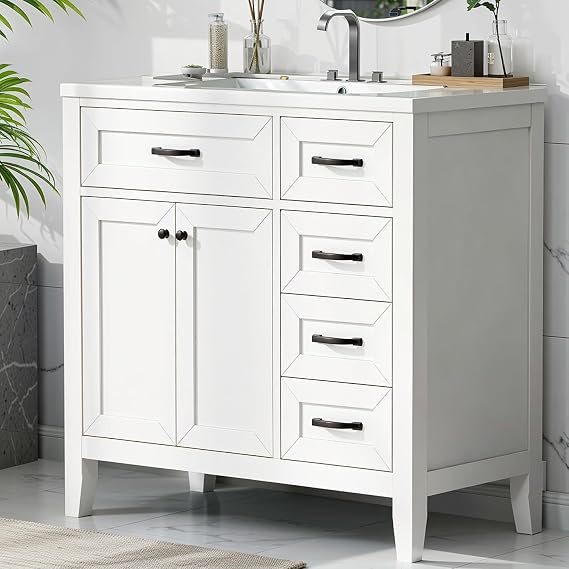 OYX 36 Bathroom Vanity with Sink,Freestanding Modern Vanity with Undermount Ceramic Basin, Soft Closing Doors & Drawers, Water-Resistant Rubber Wood Cabinet,Faucet Not Included,White