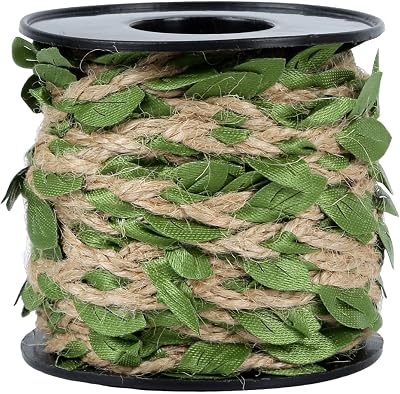 Natural Jute Twine with Green Leaf - 33 Feet 10 Meters | Decorative Garden String for Gift Wrapping, Crafts, Wedding Decor