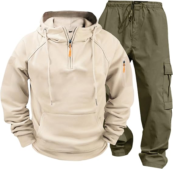 Men's Cargo Sweatsuit 2 Piece Set Quarter Zip Hoodie and Sweatpants Set Joggers Outfit Causal Sport Tracksuits