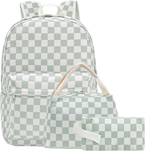 School Backpack for Girls Women, Water Resistant Laptop Backpack Kids Bookbag Casual Daypacks with Lunch Box Pencil Case (Green Checkered)