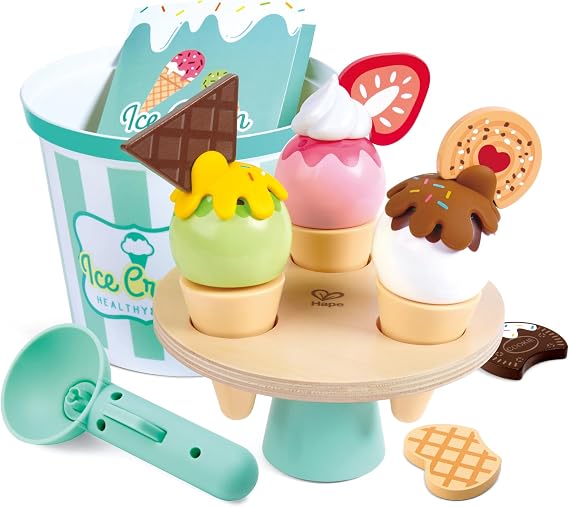 Hape Scoop & Serve Ice Cream Set Wooden Toddler Playset with Realistic Scoop, Rotating Display, and 14 Accessories Educational Role Play Kitchen Toy for Kids Ages 2+