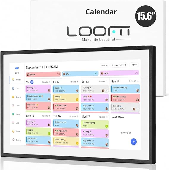 LOOFII 15.6 Inch Smart Digital Calendar 19201080 Full HD Touchscreen Calendar & Family Planner with Chore Chart & Meal Planner, Wall-Mountable (Black White)