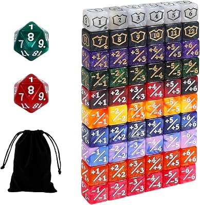 62PCS 12mm MTG Dice Set with Plus 1 Life Counter & Shield & Spindown Dice in 10 Colors with Velvet Bag, Compatible with Magic The Gatering CCG TCG Magic Card Gaming Accessories