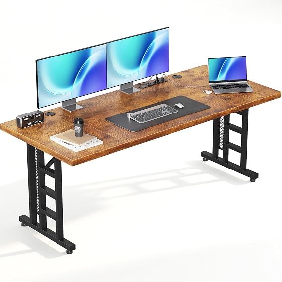 OffiGo 78 Inch Executive Computer Desk with Outlets, Rustic Brown