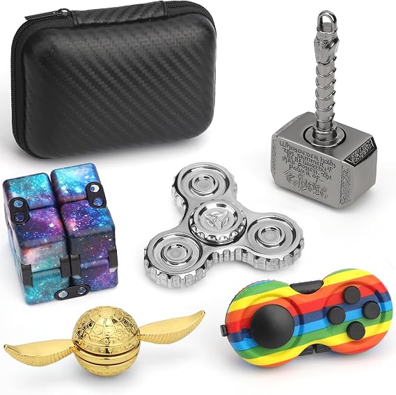 5PCS Fidget Toys Set with Fidget Spinner Finger Pad Infinity Cube 2 in 1 Hammer Spin, Cool Gadget Desk Spinner for Teen Adults, Gifts for Birthday Party Favor Classroom Prizes