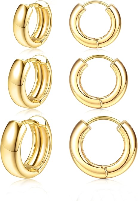 Small Chunky 14K Gold Plated Hoop Earrings for Women - Hypoallergenic Earrings for Sensitive Ears Earrings Set Thick Huggie Hoops Earring Stacks Silver Plated Jewelry