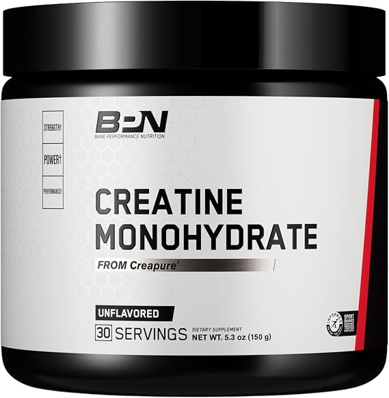 BARE PERFORMANCE NUTRITION, BPN Pure Creatine Monohydrate Powder By Creapure, 5g of Creatine per Serving, Supports Muscle Growth, Unflavored Creatine Powder, 30 Servings