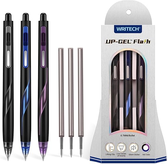 WRITECH Retractable Gel Ink Pens: Low Center of Gravity 0.7mm Multicolor Medium Point with Refills Silent Click No Smear Pen Black Blue Purple 3ct Up Gel Flash