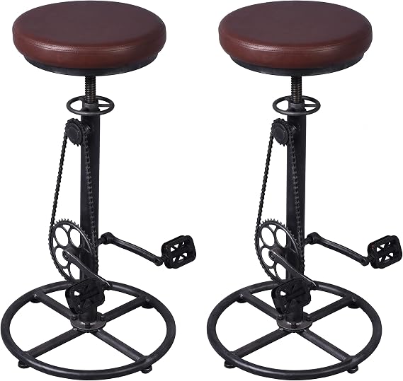 LOKKHAN Rustic Swivel Adjustable Bike Stool-29-37 Kitchen Counter Bar Height-Set of 2 Industrial Farmhouse Countertop Barstools-Metal and PU Leather