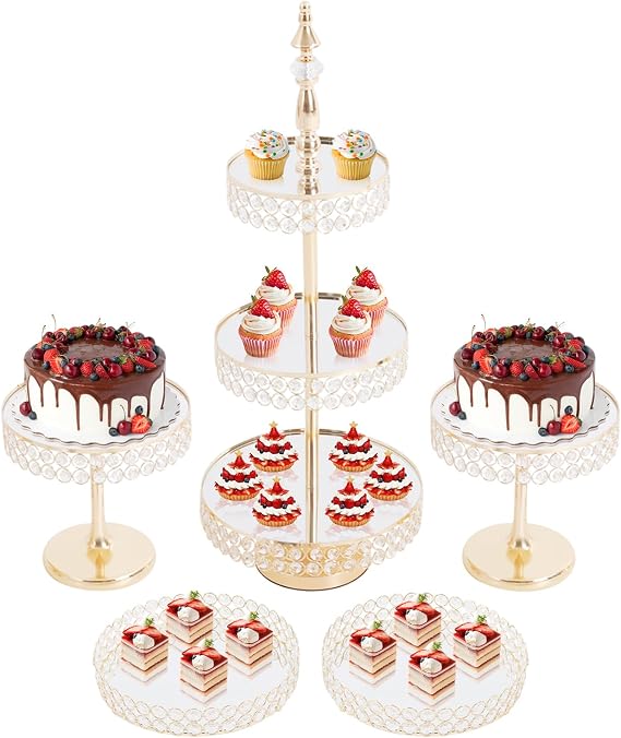 Crystal Cake Stand Set 5Pcs Dessert Table Display with Mirror Top & 3-Tier Tower, Metal Cake Stands for Wedding, Party, Candy Table (Gold)