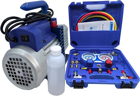 AC Vacuum Pump and Gauge Set, 1/4 HP 3.5 CFM Vacuum Pump Manifold Gauge Kit with 3 Hoses Adapters & Accessories for R134a R12 R22 R502, A/C Vacuum Pump Kit for Auto HVAC Systems
