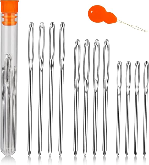TLKKUE 12 Pcs3 Sizes Large-Eye Blunt Needles, Steel Yarn Needle with Needle Threader, Tapestry Needle for Sewing Crochet Knitting Embroidery Silver 2.08in2.36in2.76in
