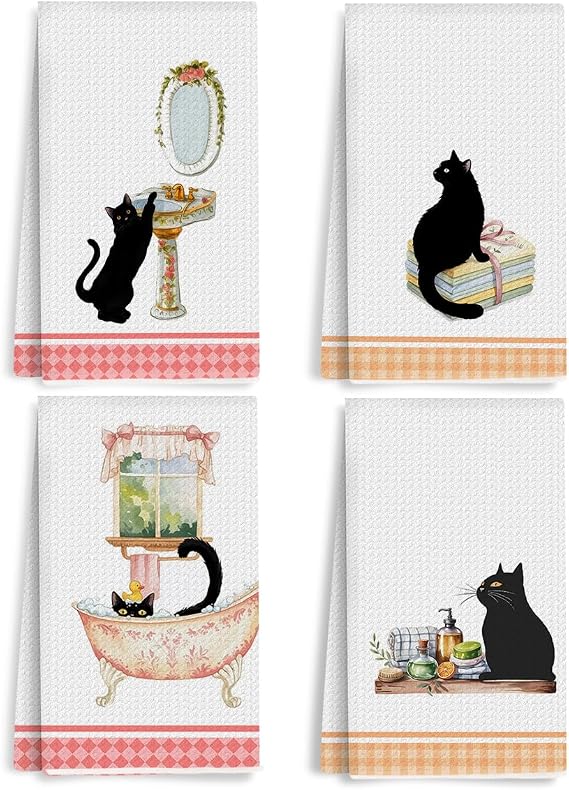 4 Pcs Funny Black Cat Kitchen Towels 24x14 Inch, Cat Gifts for Women Friend
