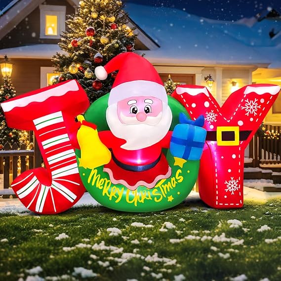 KOOY 7FT Christmas Inflatable Outdoor Decorations, Blow Up Yard Decoration Outdoor, Joy Inflatable Decoration with Santa Built-in LED, for Xmas Party Decor Yard Outside Garden Holiday Decorations