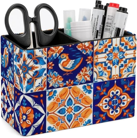 PU Leather Pen Pencil Holder Stationery Storage Box Desk Organizer, Ceramic Moroccan Mexican Talavera Tiles Makeup Brush Holder Office Home Supplies
