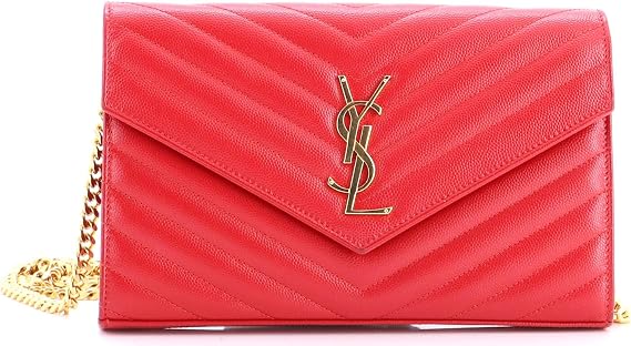 Saint Laurent, Pre-Loved Classic Monogram Wallet on Chain Matelasse Chevron Leather Medium, Red