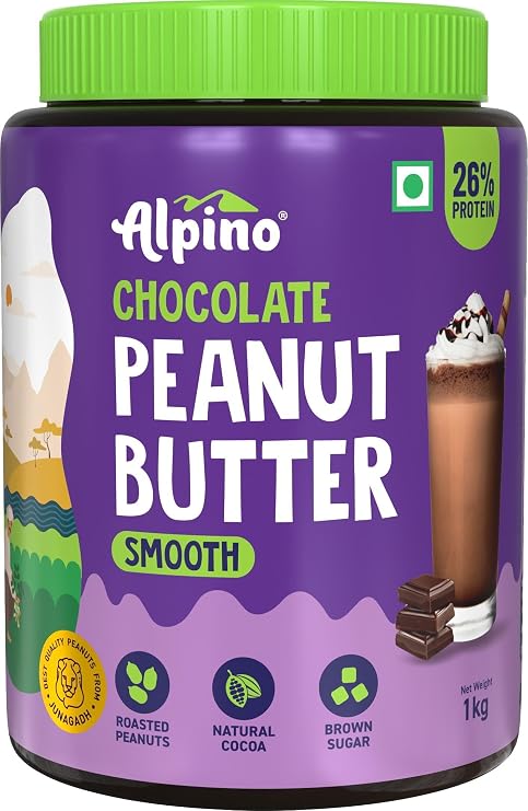 ALPINO Chocolate Peanut Butter Smooth - Roasted Peanuts, Chocolate Paste, Brown Sugar & Sea Salt - 24g Protein, Gluten Free a Plant Based Peanut Butter Creamy (1 KG)