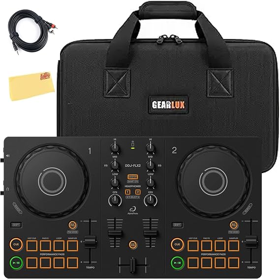 Pioneer DJ AlphaTheta DDJ-FLX2 Compact 2-Channel DJ Controller Bundle with Carrying Case, TRS Cable, and Austin Bazaar Polishing Cloth