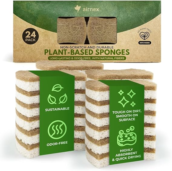 AIRNEX Natural Kitchen Sponges (24 Pack) - Biodegradable Cellulose & Coconut Scrubber Dish Sponge for Kitchen - Eco-Friendly, Non Scratch, Compostable, Non Toxic Natural Sponges for Dishes
