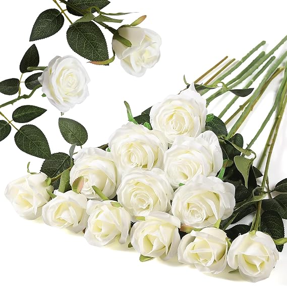 Hawesome 12PCS Artificial Silk Flowers Realistic Roses Bouquet Long Stem for Home Wedding Decoration Party (White, 6 Flowers 6 Buds)