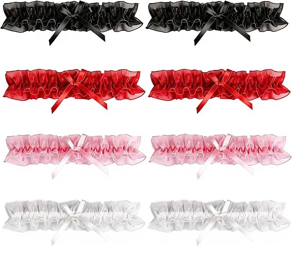 Wedding Garters for Bride, Lace Bridal Garter Set with Satin Bow, Black Red Pink Blue White, 10 Pack