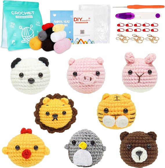 Disracker Crochet Kit for Beginners - 8 Pack Animal Keychain Amigurumi Set with Step-by-Step Video Tutorials, Complete DIY Yarn Craft Starter Kit Gifts for Adults & Ki-ds