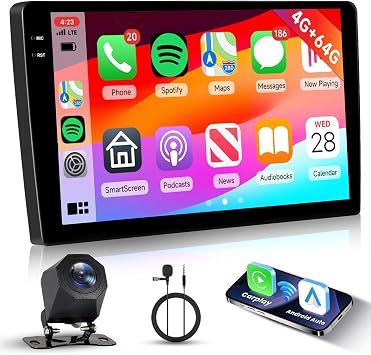 [4G+64G] Android Car Stereo with Wireless Carplay Android Auto,10 Inch Double Din Touch Screen Radio with GPS, Bluetooth, WiFi, FM/RDS Radio, DSP/USB/SWC+AHD Camera