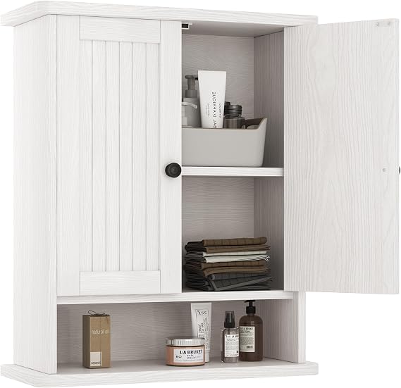 Homeiju Wooden Farmhouse Style Rustic Medicine Cabinet with Two Barn Doors, Wooden Wall Mounted Storage Cabinet with Open and Hidden Storage Space, for Bathroom, Living Room, Kitchen, White