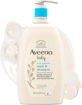 Aveeno Baby Daily Moisture Gentle Baby Body Wash and Shampoo with Oat Extract, 2-in-1 Baby Wash & Hair Shampoo, Tear-Free, pH Balanced for Sensitive Skin & Hair, Lightly Scented, Value Size 33 Fl Oz